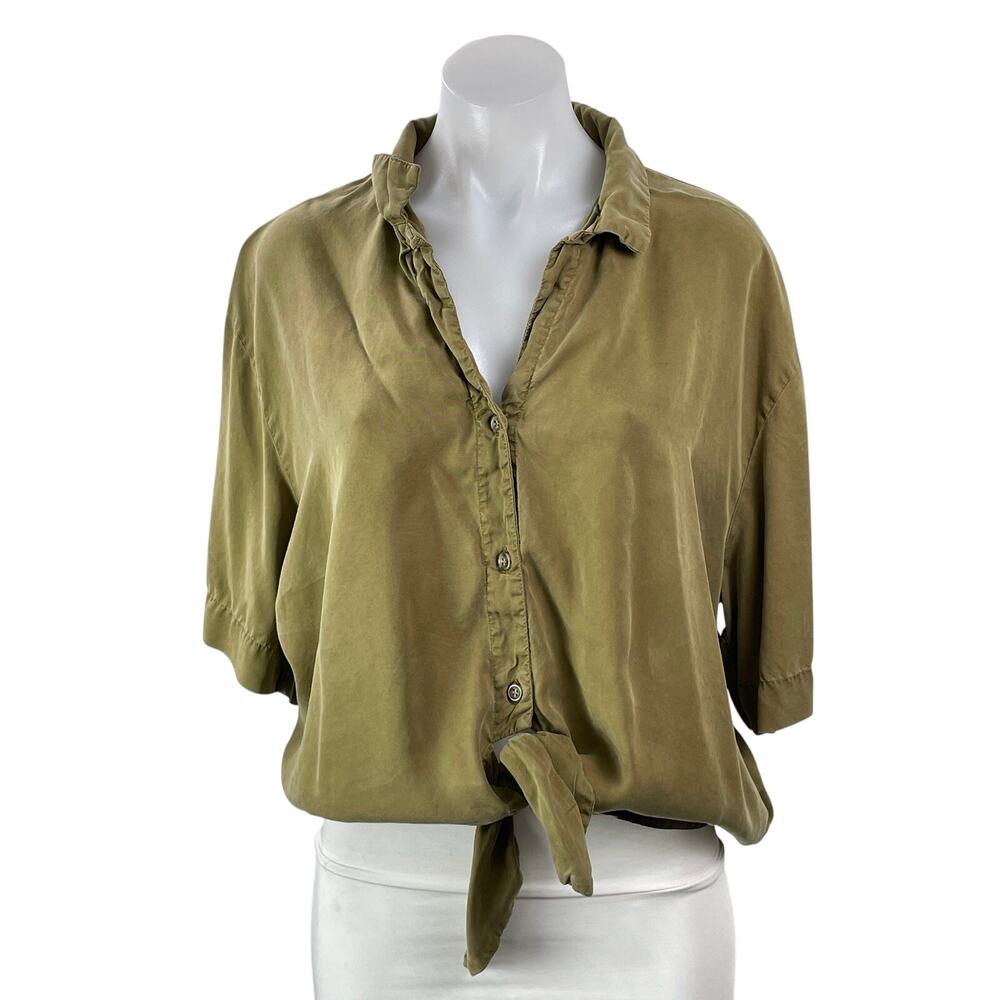 Topshop Womens Khaki Short Sleeves Relaxed Fit Tie Front Button Up Shirt Sz 12